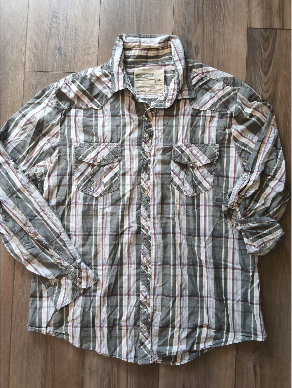 Y2K MK Machine Mens XL Snap Button Up Grey Western Plaid Cotton Shirt